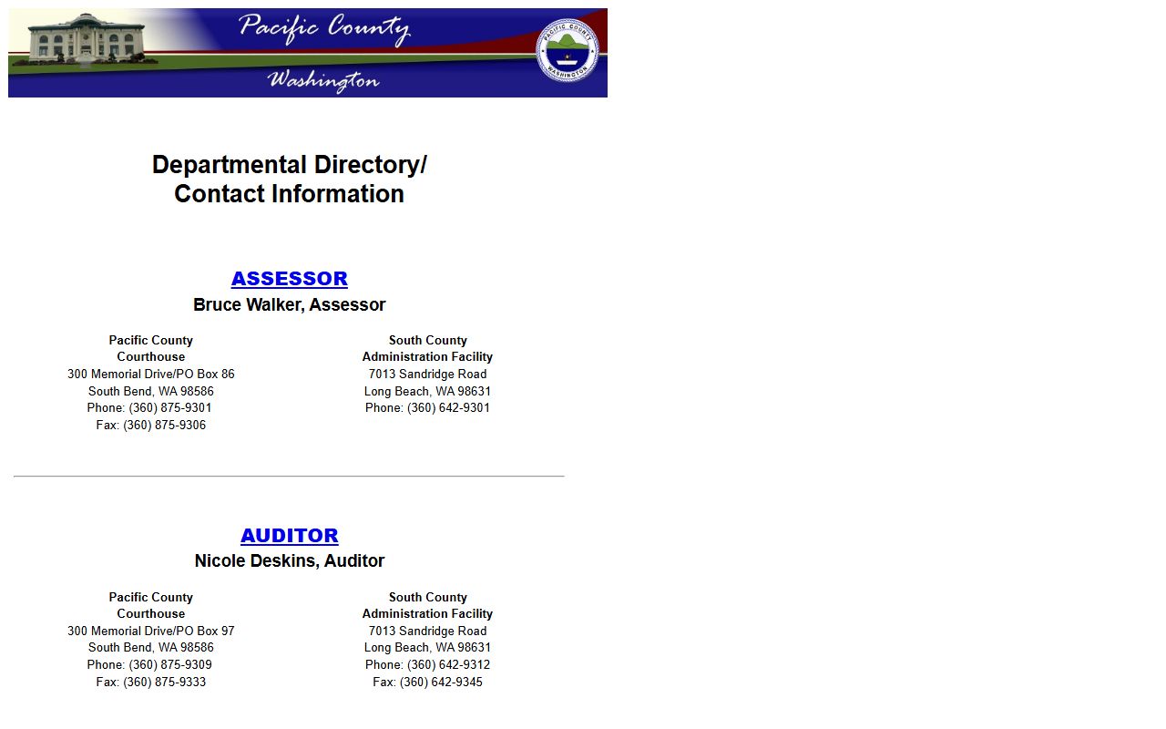 Pacific County directory listing Jail Services and contact details