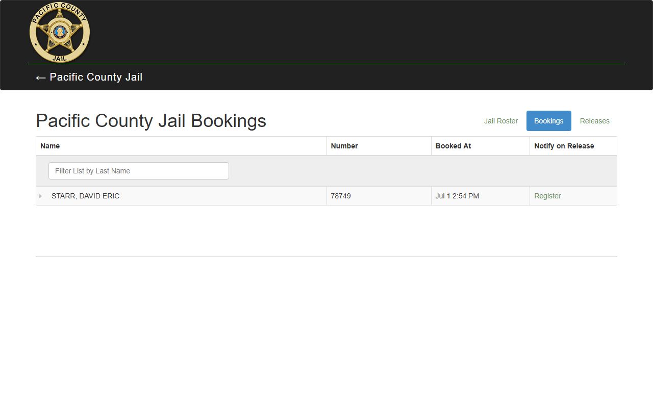 Pacific County booking photos research using Bookings tab with text booking rows and charge data