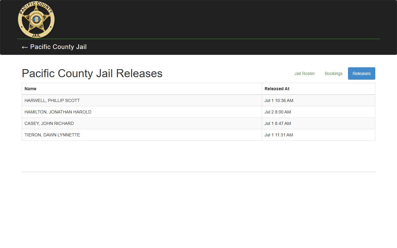 Pacific County jail mugshots release tab showing names and release timestamps without booking photos