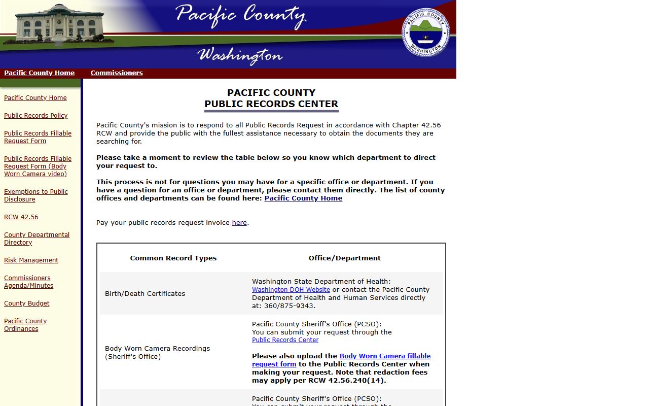 Pacific County booking photo public records routing page for sheriff, prosecutor, court and agency requests