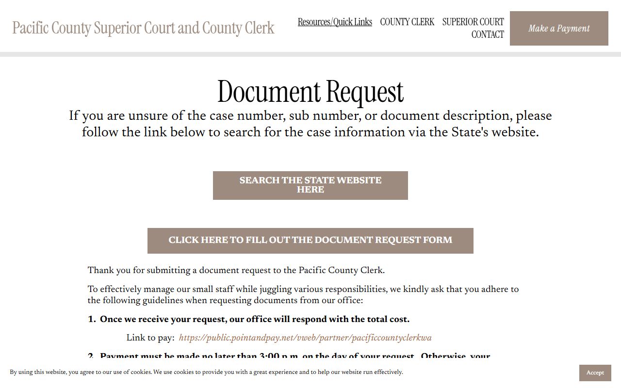 Pacific County Superior Court document request page with copy request details