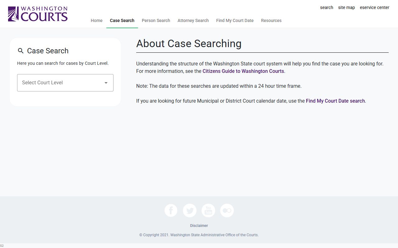 Washington Courts case search form with name and case-number fields